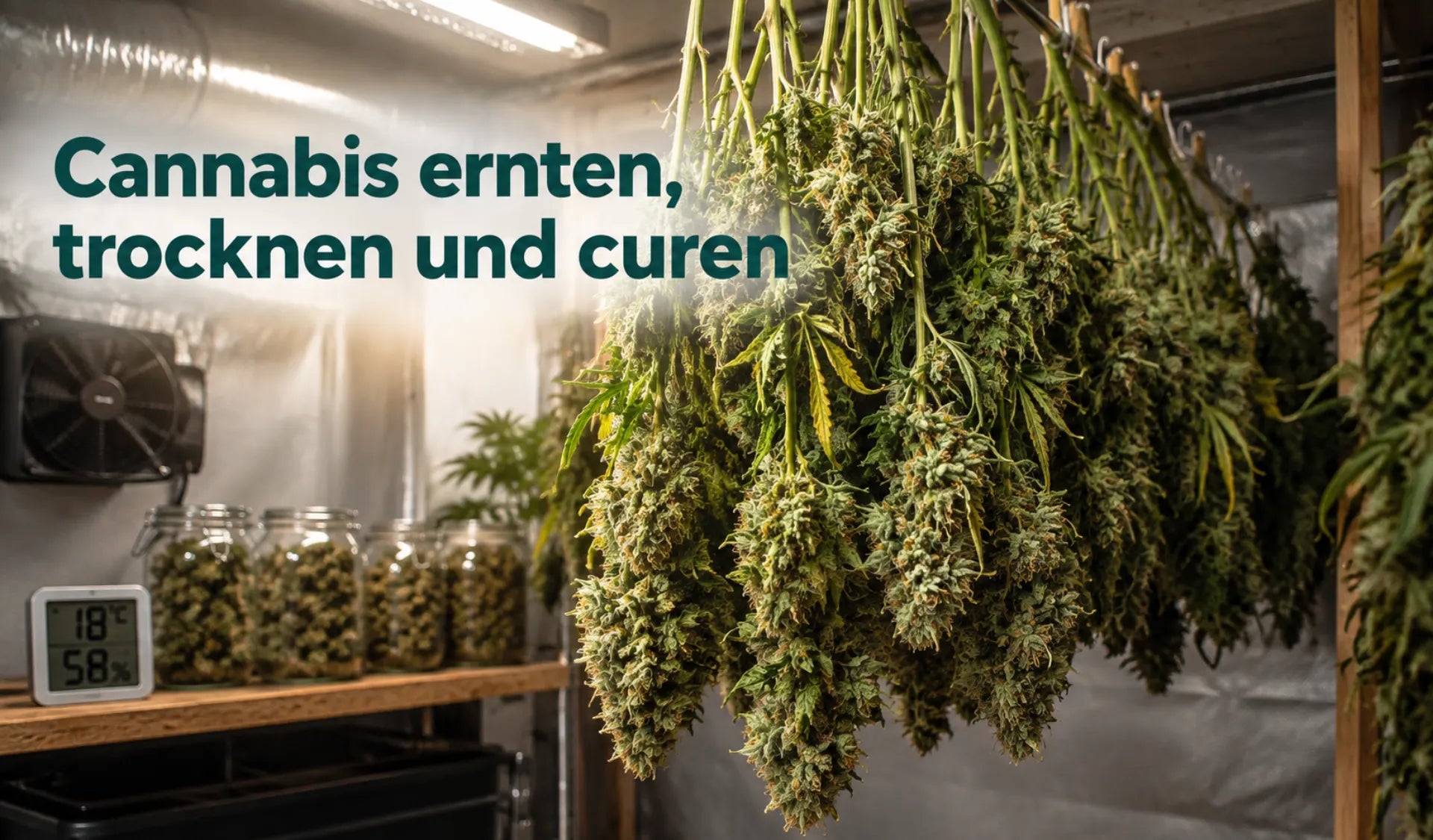 Cannabis ernten, trocknen und curen: kopfüber hängende Blüten im Trockenraum, Gläser und Thermo-Hygrometer im Regal