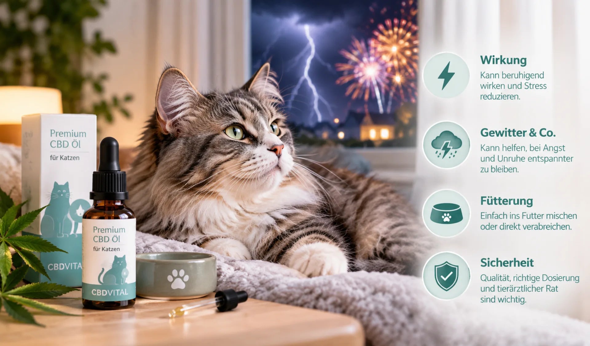 Katze liegt auf einer Decke vor einem Fenster mit Gewitter und Feuerwerk, daneben steht eine Flasche CBD-Öl. Rechts vier Hinweise zu Wirkung, Gewitter, Fütterung und Sicherheit.