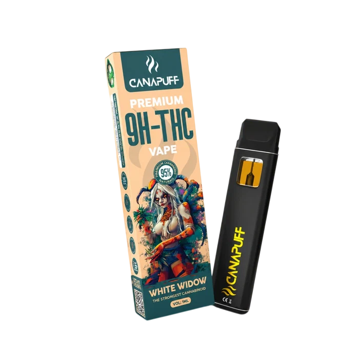 9H-THC Vape White Widow 95% von Canapuff, Verpackung und Einweg-Vape 1 ml