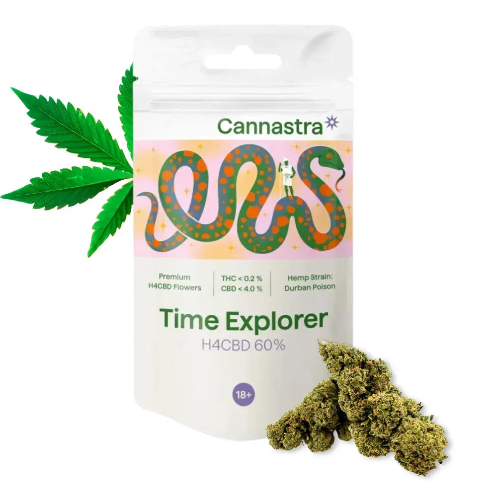 Cannastra Time Explorer Verpackung Vorderseite – Standbeutel, „Premium H4CBD Flowers", Durban Poison, 60%, THC < 0,2%, CBD < 4,0%, Schlangen-Illustration