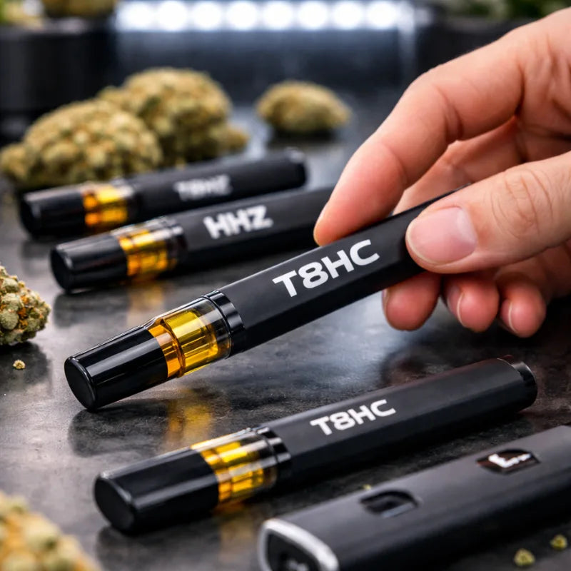 Vape Pen in der Hand gehalten mit Cannabisblüten im Hintergrund