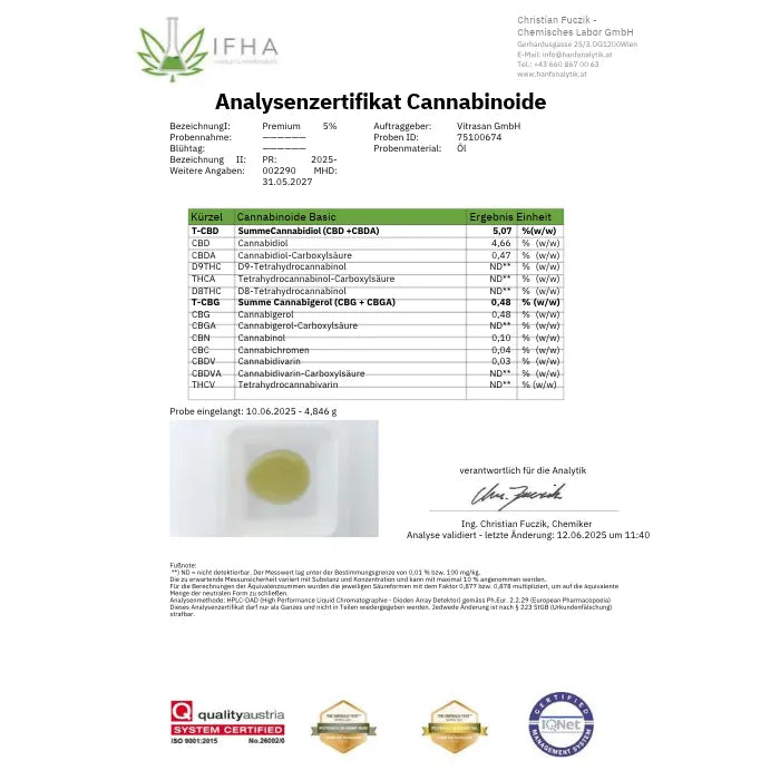Analyse Zertifikat von IFHA für CBD Vital CBD Naturextrakt PREMIUM Öl 5%
