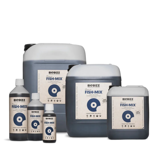 Biobizz Fish Mix alle Größen - 250 ml, 500 ml, 1 L, 5 L, 10 L Flaschen nebeneinander