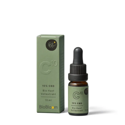 BioBloom Bio CBD Öl 10% Hanf-Vollextrakt, 10-ml-Glasflasche mit Pipette und grüner Faltschachtel