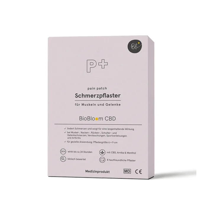 BioBloom CBD Pflaster mit CBD, Arnika und Menthol, rosa Faltschachtel mit 8 Pflastern im Format 6 x 9 cm