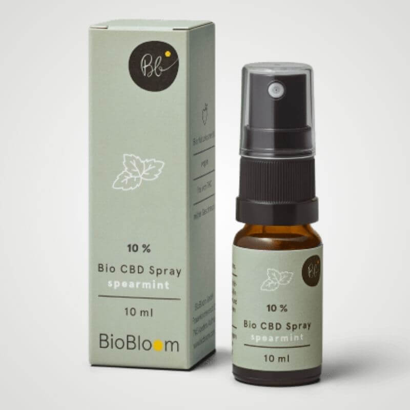 Bio CBD Spray von BioBloom 10%  Spearmint mit Verpackung und 10ml Sprühflasche