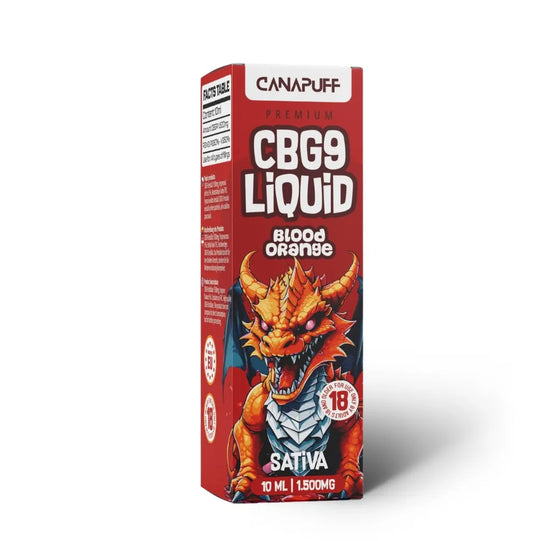 CanaPuff CBG9 Liquid Blood Orange Verpackung – rotes Design, Drachen-Illustration, CBG9 Liquid, Blood Orange, Sativa, 10 ml, 1.500 mg