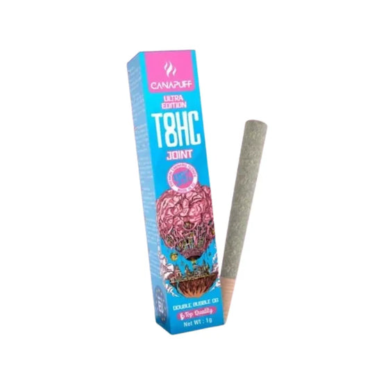 T8HC Joint Double Bubble Ultra Edition 99% 1g von Canapuff, Verpackung und fertig gedrehter Joint