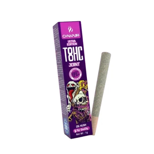 T8HC Joint OG Kush Ultra Edition 99% 1g von Canapuff, Verpackung und fertig gedrehter Joint