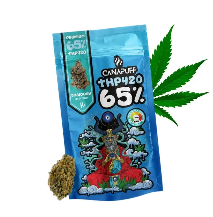 THP420 Blüten Jealousy 65% von Canapuff, Verpackung mit Blüte