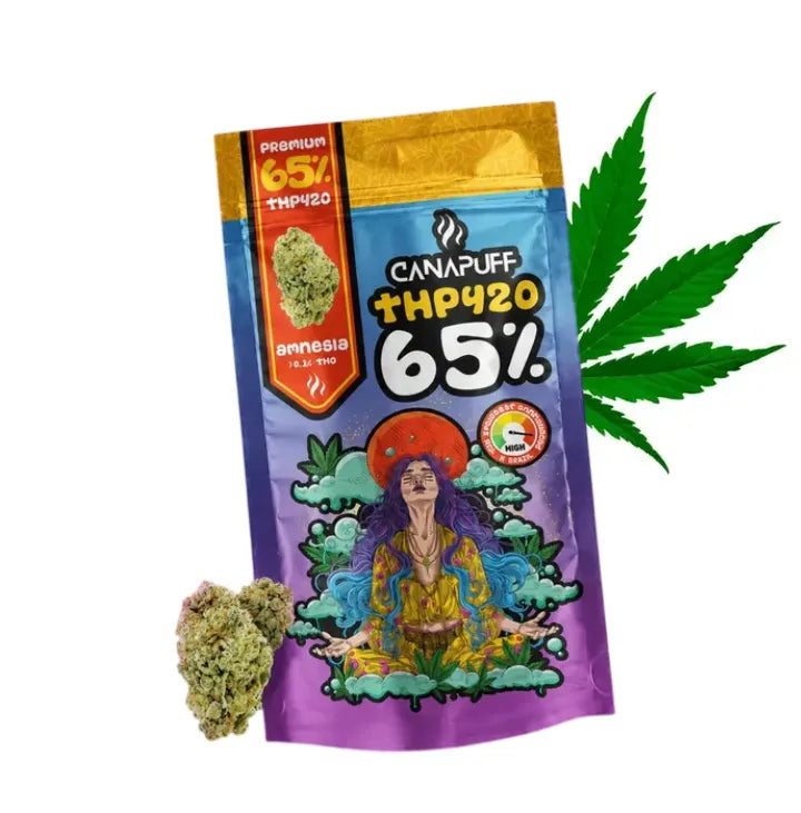 THP420 Blüten Amnesia von Cannapuff mit Verpackung und Blüten