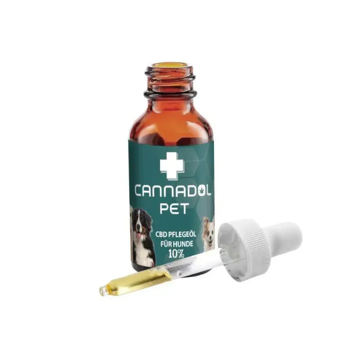 Cannadol Pet 10% CBD Pflegeöl für Hunde, offene Braunglasflasche mit abgelegter, mit Öl gefüllter Pipette