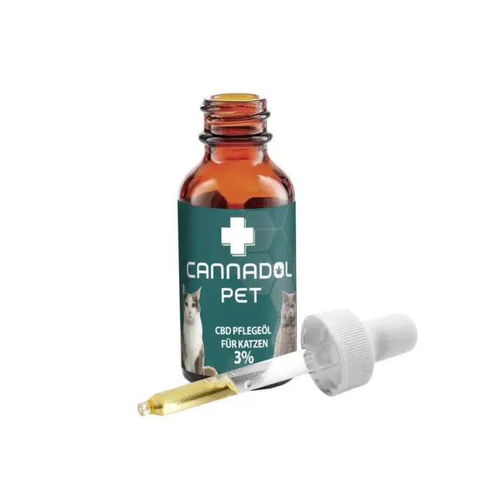 Cannadol Pet 3% CBD Pflegeöl für Katzen, offene Braunglasflasche mit abgelegter, mit Öl gefüllter Pipette
