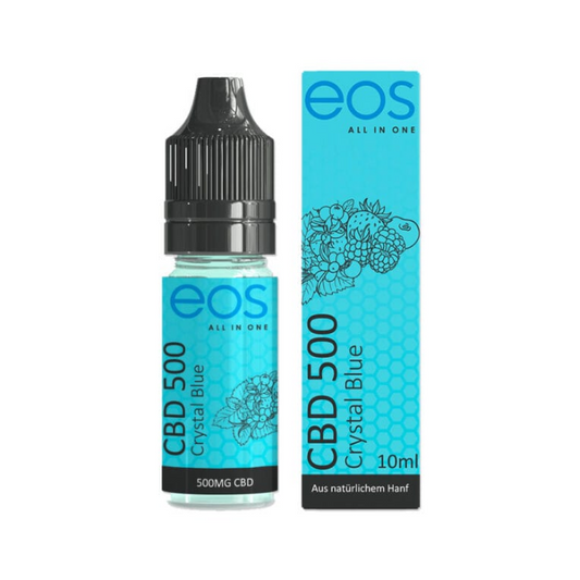 eos CBD Liquid Crystal Blue 500 mg, 10-ml-Flasche mit türkisfarbener Verpackung