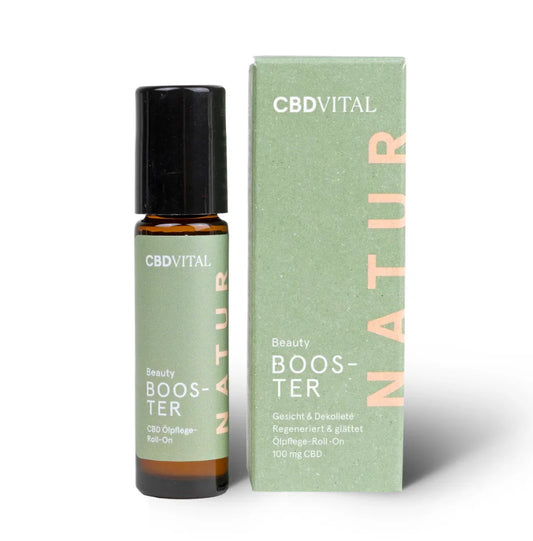 CBD VITAL Beauty Booster Roll-On 10ml – Braunglasflakon mit grünem Etikett und Naturkosmetik-Verpackung