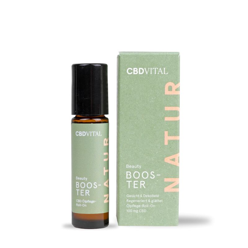 CBDVITAL Beauty Booster CBD Ölpflege Roll-On für Gesicht front Ansicht mit Verpackung