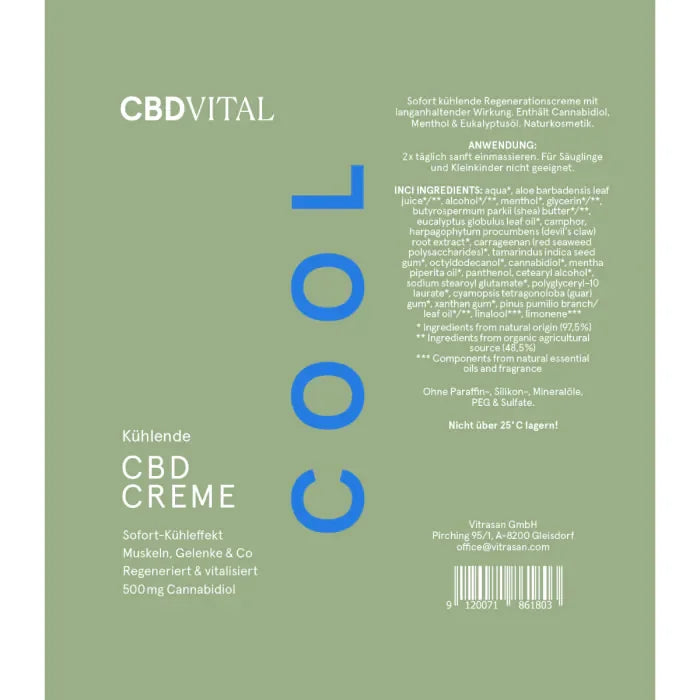 Etikett der CBD Vital kühlenden CBD Creme mit 500 mg Cannabidiol, Anwendungshinweis, Inhaltsstoffliste und Lagerhinweis