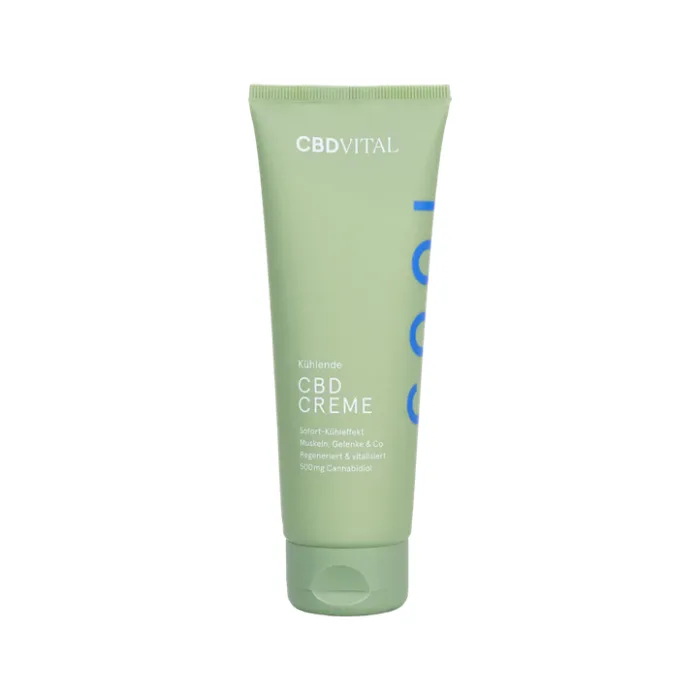 CBD Vital kühlende CBD Creme mit 500 mg Cannabidiol, hellgrüne Tube mit blauem COOL-Schriftzug, Vorderseite