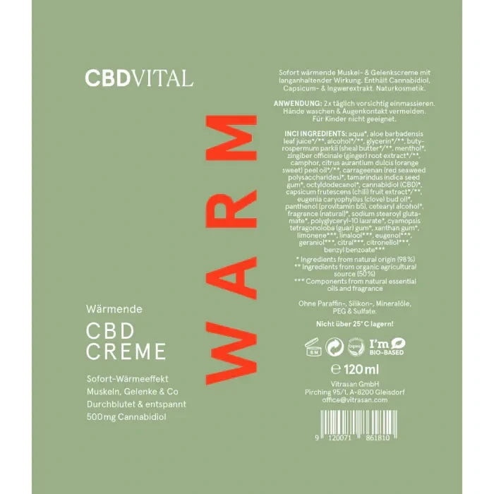 Etikett der CBD Vital wärmenden CBD Creme mit 500 mg Cannabidiol, Anwendungshinweis, Inhaltsstoffliste und Lagerhinweis