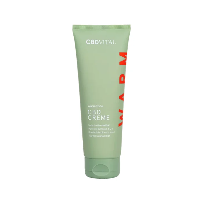 CBD Vital wärmende CBD Creme mit 500 mg Cannabidiol, hellgrüne Tube mit rotem WARM-Schriftzug, Vorderseite