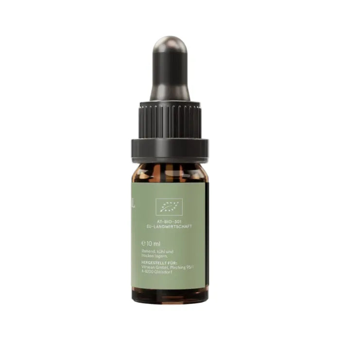 CBD Vital Naturextrakt Premium Öl 10% Etikett mit EU-Bio-Siegel und Lagerhinweis, 10-ml-Flasche