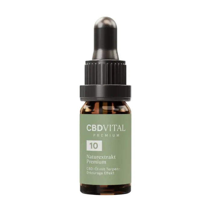 CBD Vital Naturextrakt Premium Öl 10% in brauner 10-ml-Glasflasche mit Pipette, Vorderseite