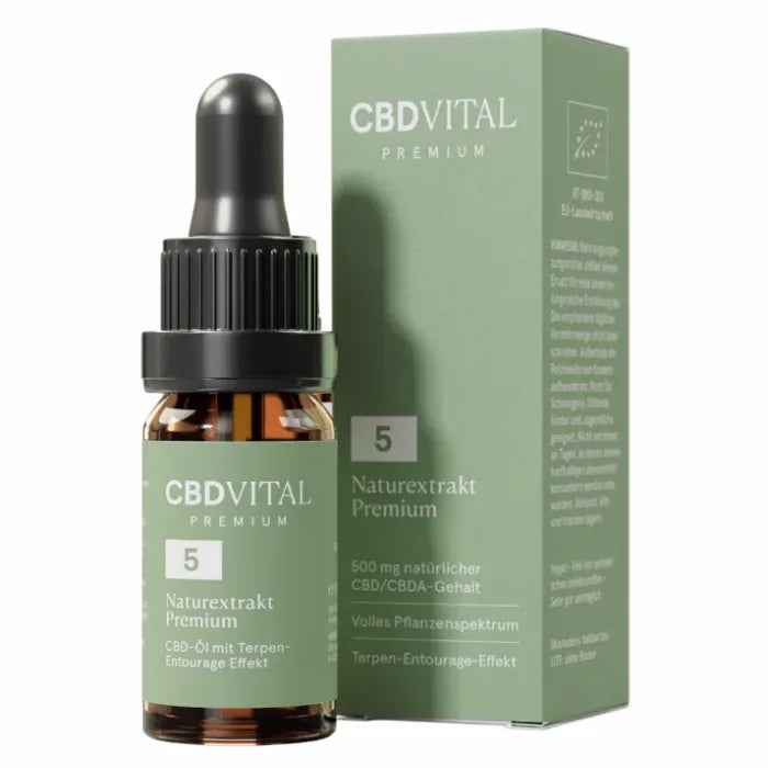 CBD Vital Naturextrakt Premium Öl 5% mit 500 mg CBD, 10-ml-Glasflasche mit grüner Faltschachtel