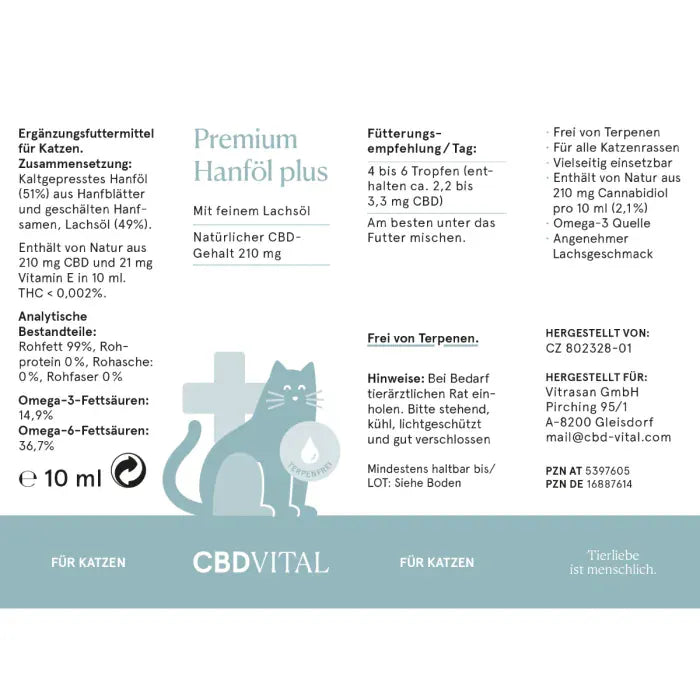 Etikett des CBD Vital Premium Hanföl plus für Katzen mit Zusammensetzung, Fütterungsempfehlung, Hinweisen und Herstellerangabe