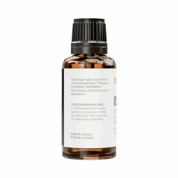 CBD Vital Schlaftropfen Etikett Seite mit Verzehrangabe und PZN, 30-ml-Flasche