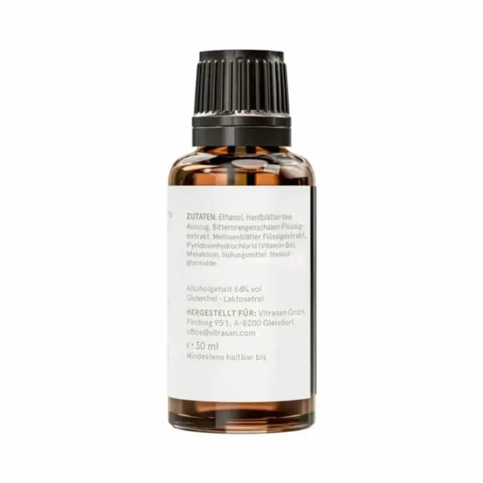 CBD Vital Schlaftropfen Etikett Rückseite mit Zutatenliste und Alkoholgehalt, 30 ml
