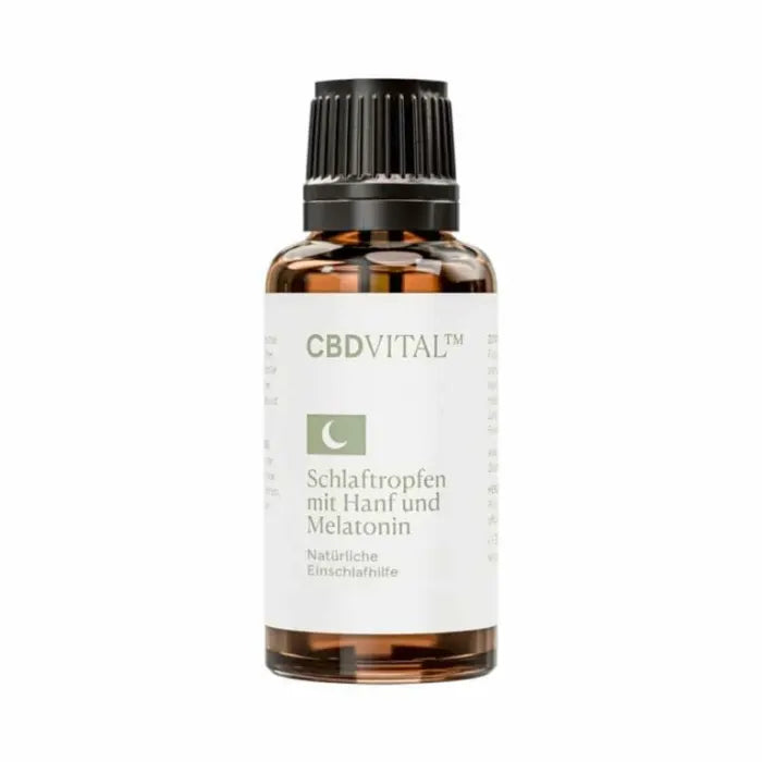CBD Vital Schlaftropfen mit Hanf und Melatonin in brauner 30-ml-Glasflasche, Vorderseite
