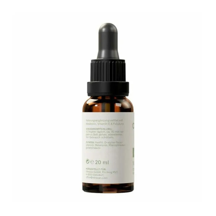 CBD Vital Ursprung Night Etikett Rückseite mit Verzehrangabe und Zutatenliste, 20 ml