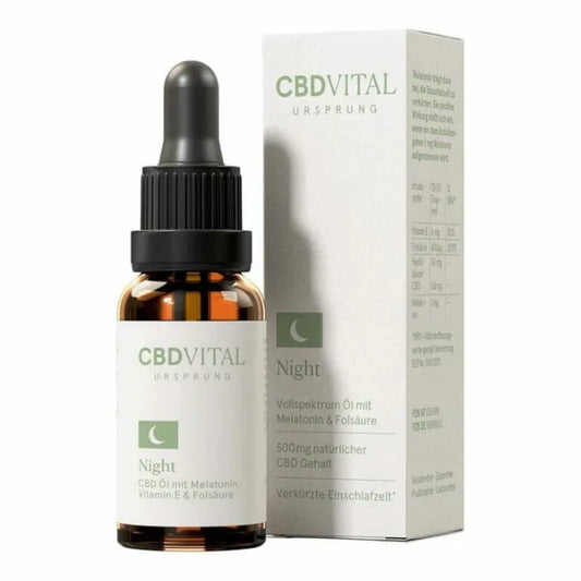 CBD Vital Ursprung Night Öl mit 500 mg CBD, Melatonin und Folsäure, 20-ml-Flasche mit Faltschachtel