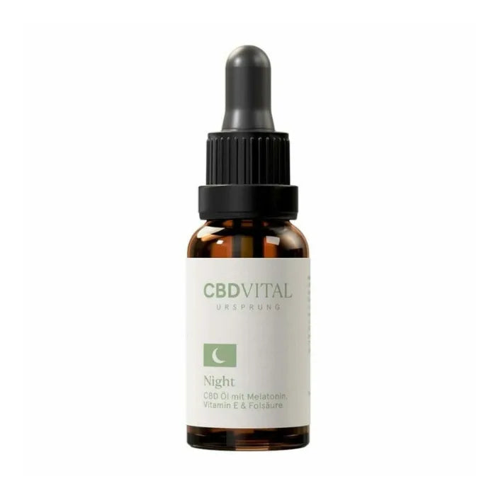CBD Vital Ursprung Night in brauner 20-ml-Glasflasche mit Pipette, Vorderseite