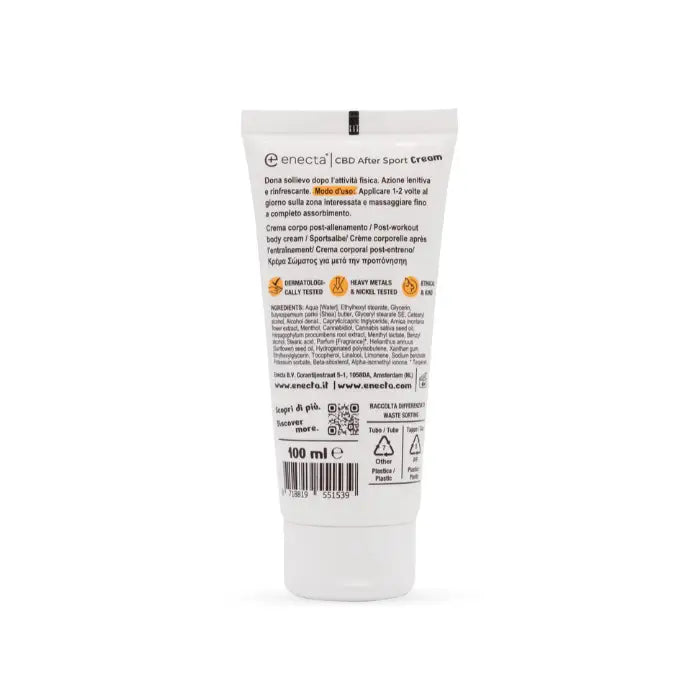 Rückseite der Enecta CBD Muskelbalsam Tube mit 100 ml Inhalt, Inhaltsstoffliste und Herstellerangabe