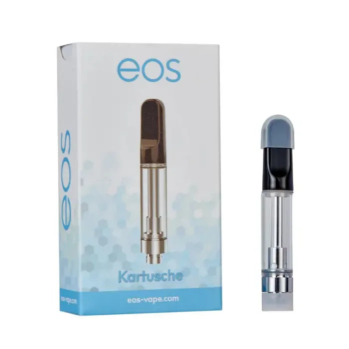 eos Vape Kartusche 1 ml, Faltschachtel mit Aufschrift Kartusche und Glaskartusche mit grauer Schutzkappe daneben