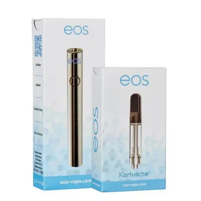 eos Vape Pen in Chrom mit 300-mAh-Akku, daneben die Faltschachtel der 1-ml-Glaskartusche