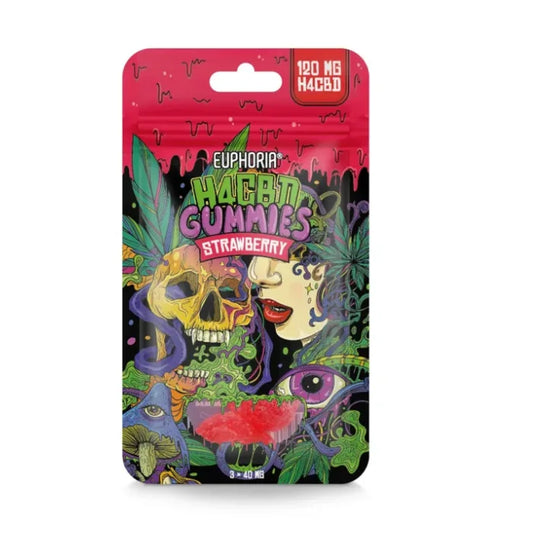 Euphoria H4CBD Gummibärchen Erdbeere, 3 Stück mit je 40 mg H4CBD, 120 mg gesamt, rote Packung