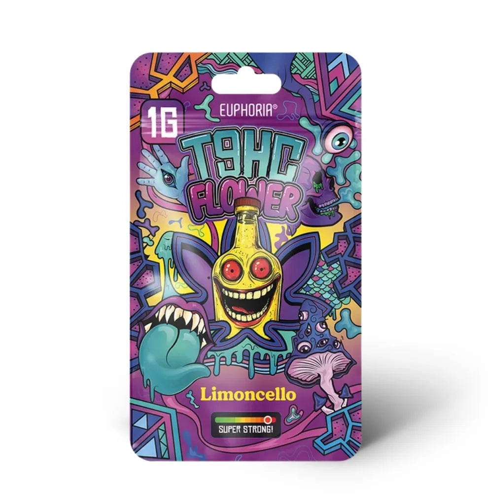 Euphoria T9HC Blüten Limoncello Verpackung – psychedelisches Design, 1 g, T9HC Flower, Limoncello-Flasche, Super Strong