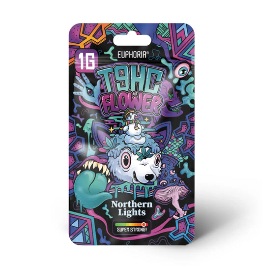 Euphoria T9HC Blüten Northern Lights Verpackung – psychedelisches Design, 1 g, T9HC Flower, Northern Lights, Super Strong
