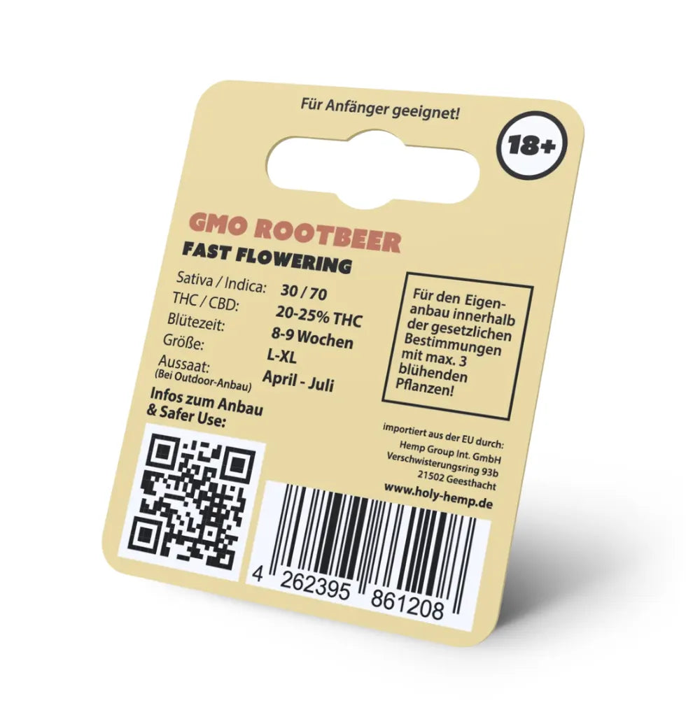 GMO Rootbeer Hanfsamen Verpackung Rückseite - technische Daten, 30/70 Sativa/Indica, 20-25% THC