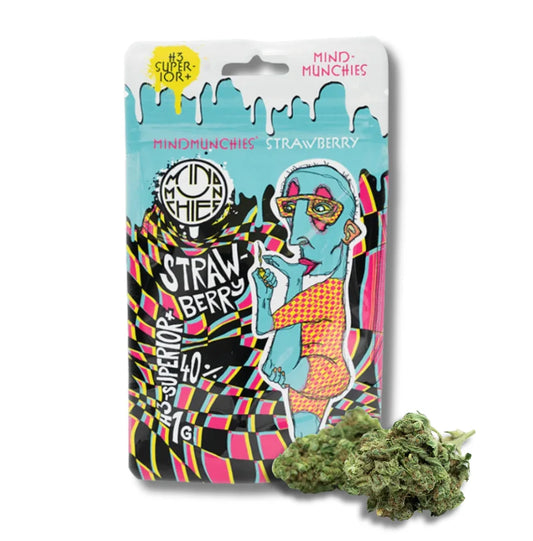 Mind Munchies Strawberry H3 Superior+ 40% Blüten 1g Verpackung mit psychedelischem Design