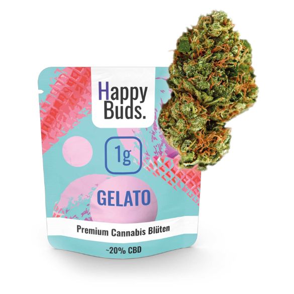 HappyBuds CBD Blüten mit 20% CBD Verpackung und Blüte in 1 Gramm Beutel