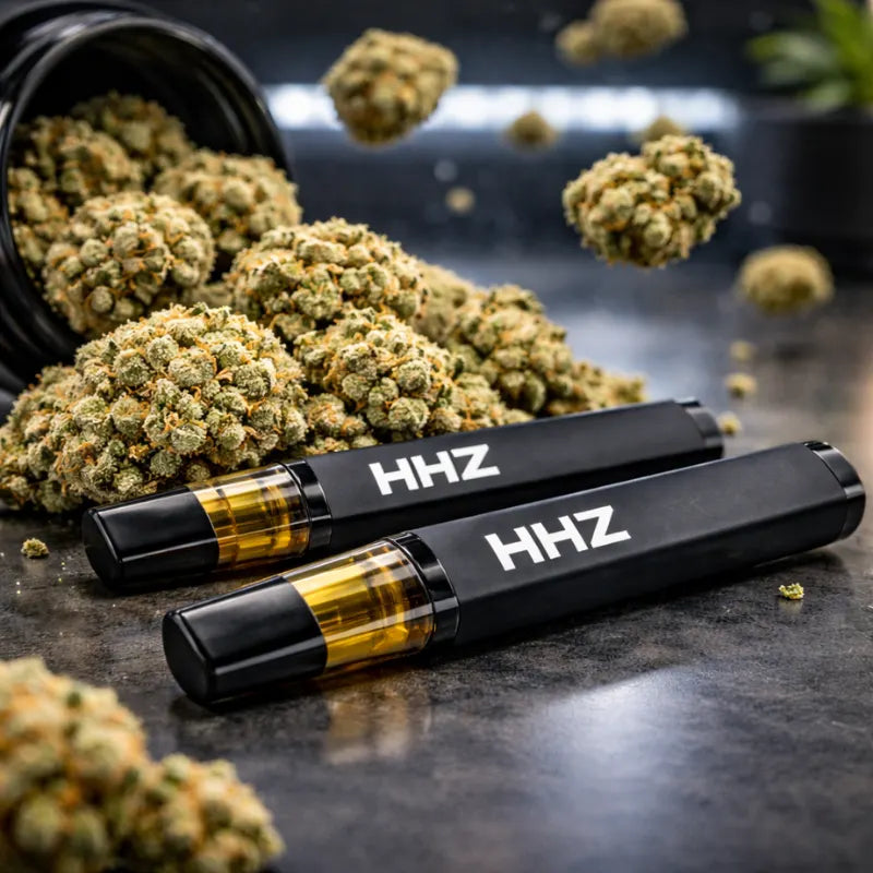 HHZ Vape Pens mit Cannabisblüten im Vordergrund – moderne Vape Cartridge mit goldener Liquid Kammer