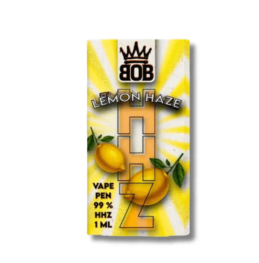  (Packshot)BOB HHZ Vape Pen Lemon Haze 99% 1ml – gelbe Verpackung mit Zitronen-Motiv und BOB Krone-Logo