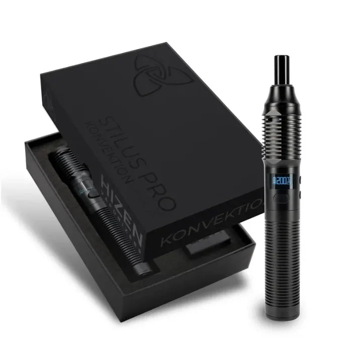 Hizen Stilus Pro Konvektion Kräuterverdampfer in schwarzer Geschenkbox, daneben das Gerät mit OLED-Display