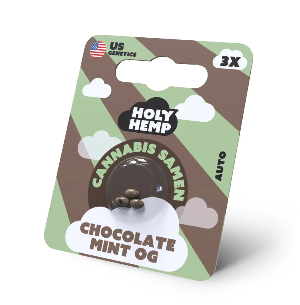 Chocolate Mint OG Automatic Hanfsamen Verpackung vorne - Holy Hemp US Genetics, Auto, 3 Samen mit braun-grünem Blister-Design