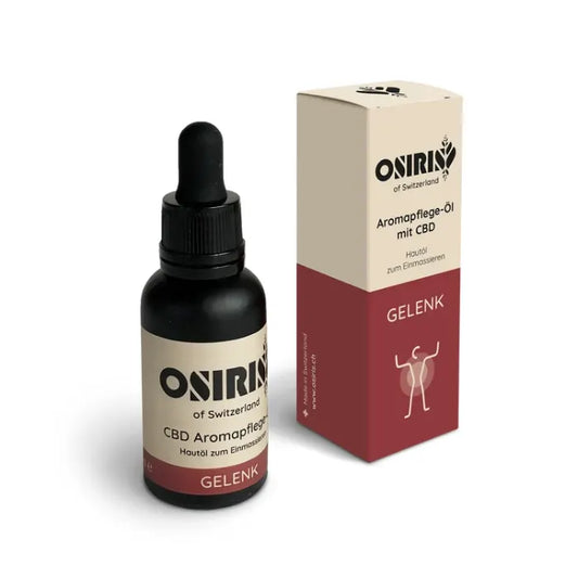 Osiris of Switzerland CBD Aromapflege Öl Gelenk, 30-ml-Flasche aus Braunglas mit Pipette neben der rot-beigen Faltschachtel, Hautöl zum Einmassieren