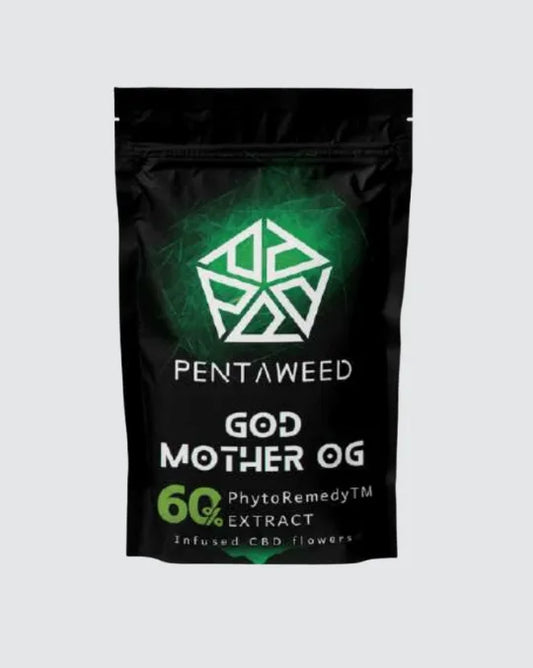 Pentaweed God Mother OG CBD Blüten – schwarze Verpackung mit grünem Design, 60 % PhytoRemedy™ Extract für starke Wirkung und intensives Aroma, infused Hanfblüten.