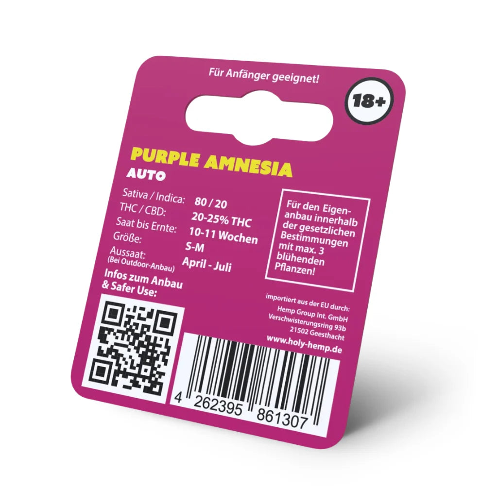 Purple Amnesia Automatic Hanfsamen Verpackung - Holy Hemp rück Seite mit Anbau Infos
